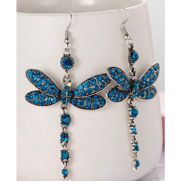 Boutique Jewelry - Vintage Blue Crystal Dragonfly Dangle Drop Earrings Silver Metal Hook